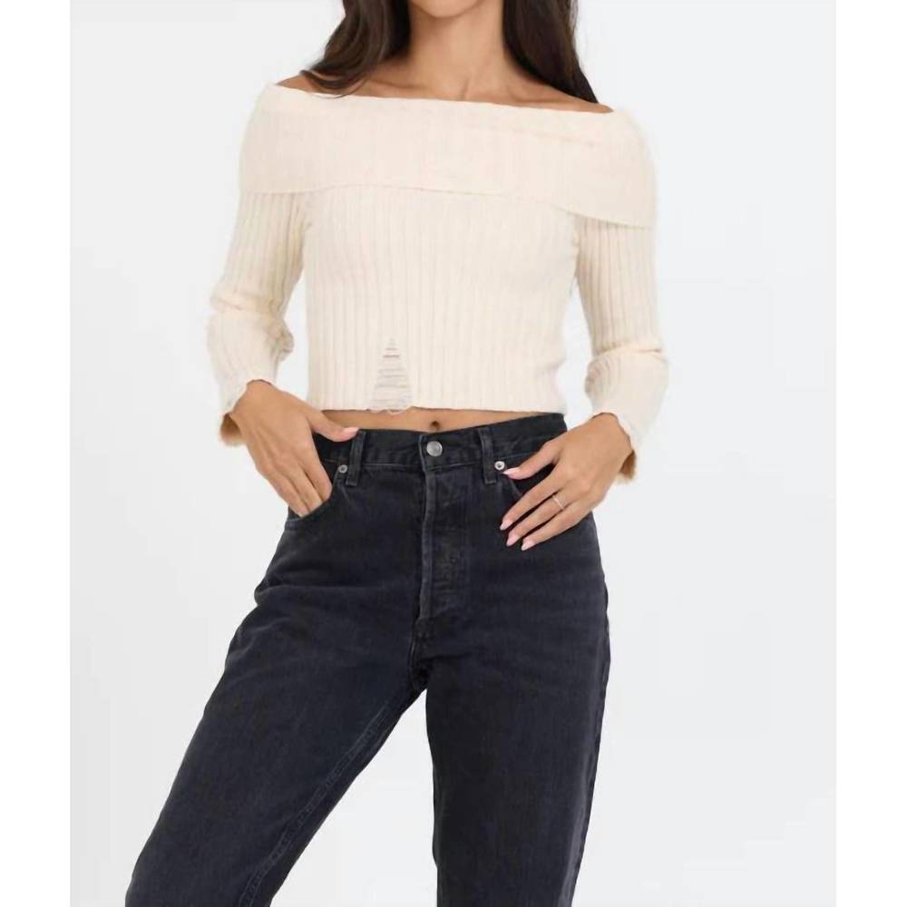 NEW VINTAGE HAVANA distressed off shoulder sweater in ivory